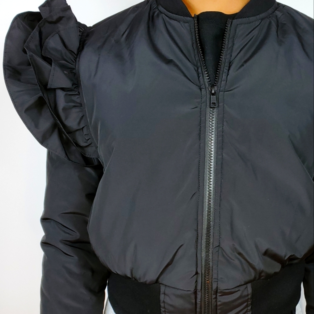 Black Ruffle Shoulder Double Front Zip Cropped Bomber Jacket - Picture 5 of 5